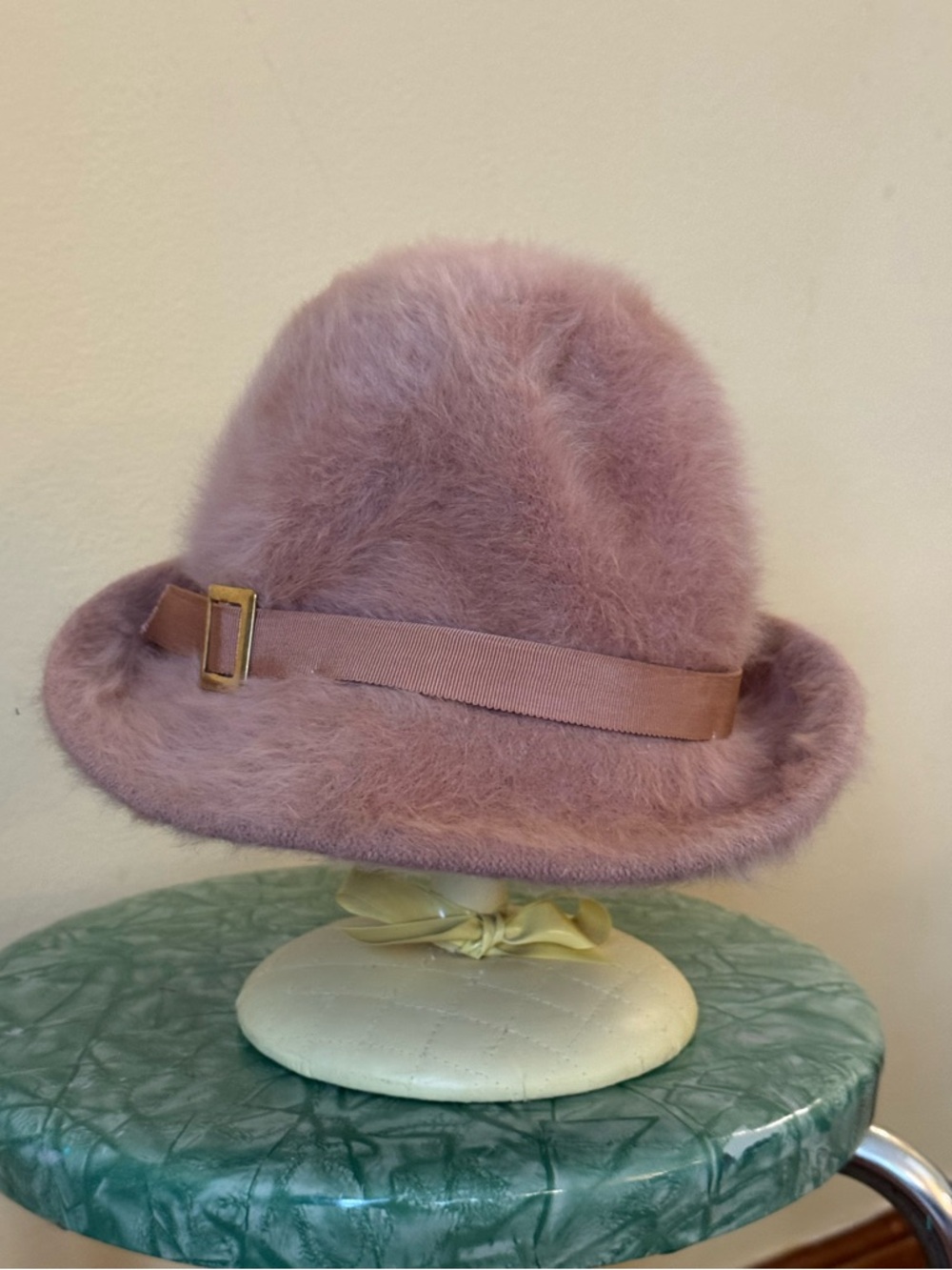 Plush Vintage Pale Mauve Fuzzy Fur Bucket Hat w/Grosgrain Band. Made in England